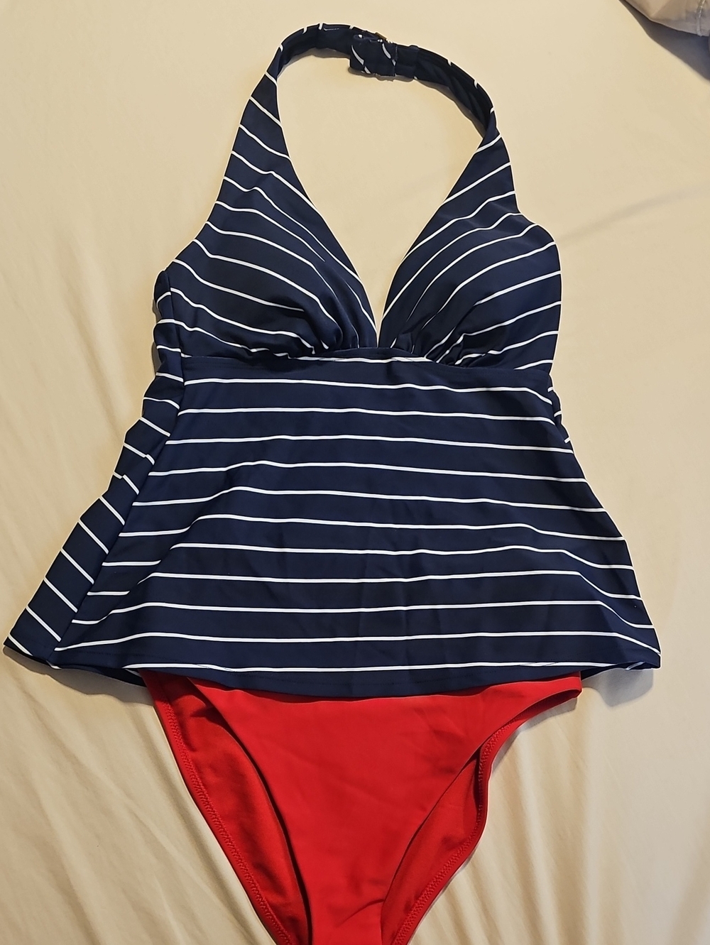 Shade & Shore Women S Navy Stripe Halter Tankini with Solid Red Bikini Bottom